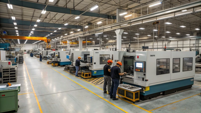 A busy factory interior with workers and CNC machines