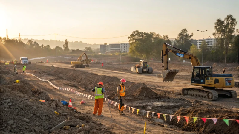 A busy construction site with machinery and workers
