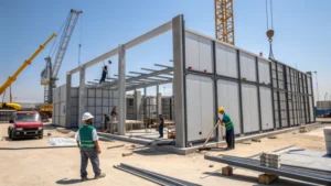 Construction site with workers and cranes assembling a modern building.