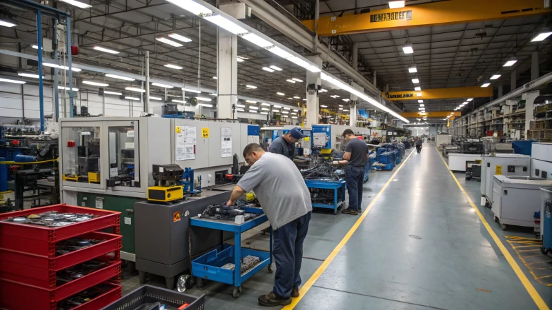 Workers assembling products on an industrial assembly line.