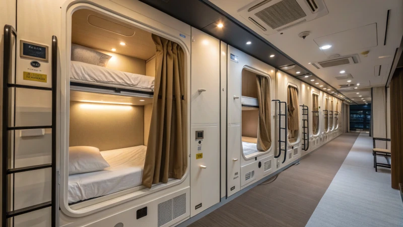 Interior view of a capsule hotel with sleeping pods