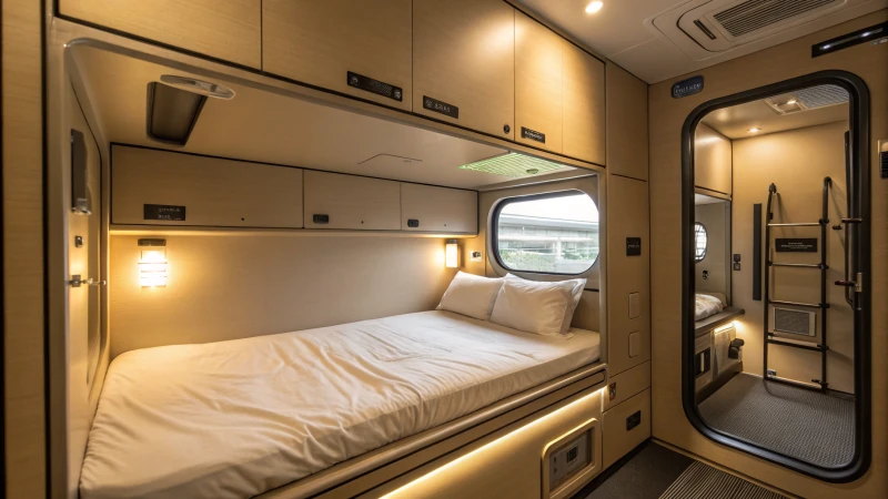Interior view of a capsule hotel pod