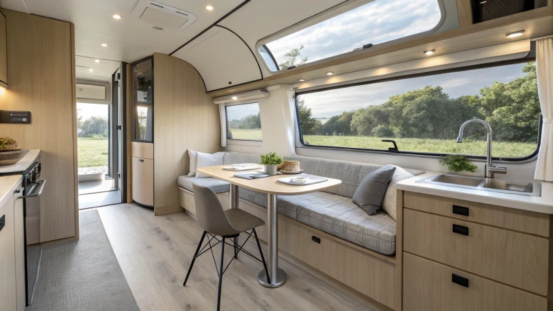 Interior view of a modern capsule house showcasing space-efficient design