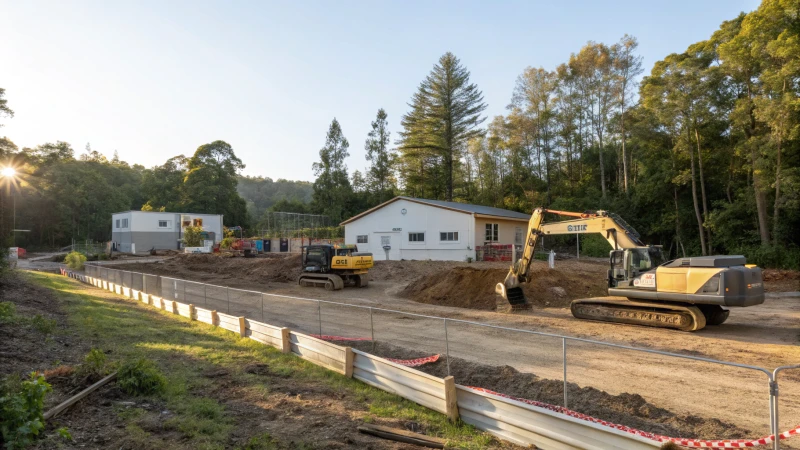A construction site with heavy machinery for a modular home