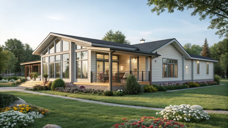 A modern modular home surrounded by greenery and flowers