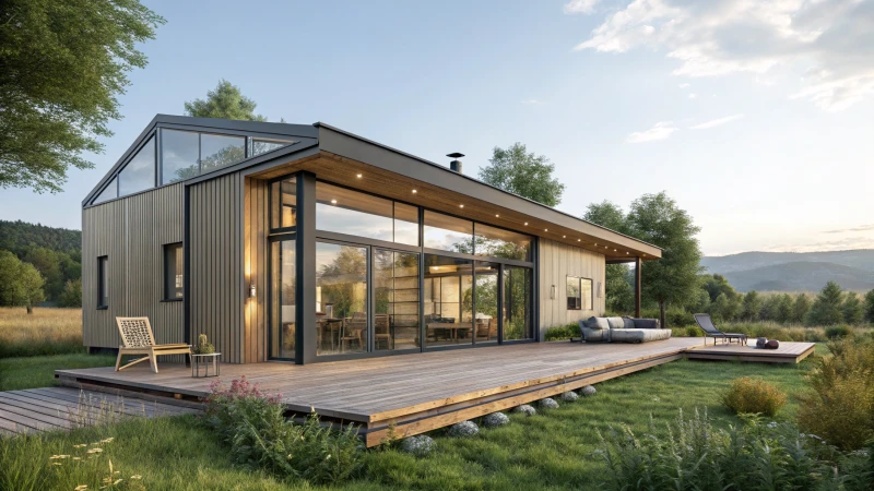Modern prefab house with glass windows and wooden deck surrounded by nature