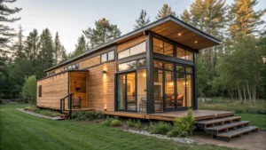 A contemporary tiny home in a natural setting with large windows and a porch.