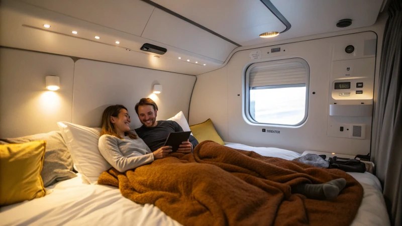 A cozy capsule hotel room with a couple relaxing inside