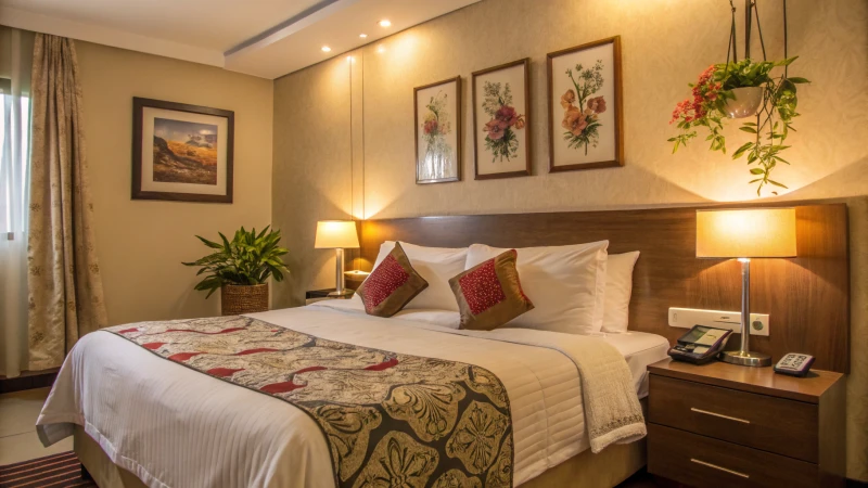 A cozy hotel room with warm lighting and plush bedding.