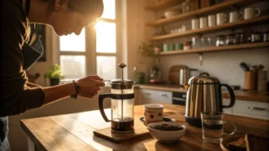 A cozy kitchen with warm lighting and coffee brewing equipment on the table.