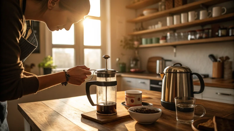 A cozy kitchen with warm lighting and coffee brewing equipment on the table.