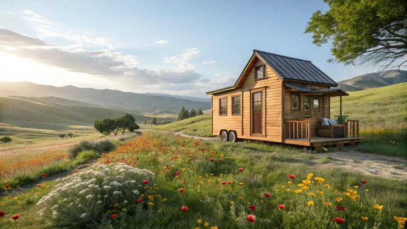 A cozy tiny home in a rural California landscape surrounded by wildflowers.