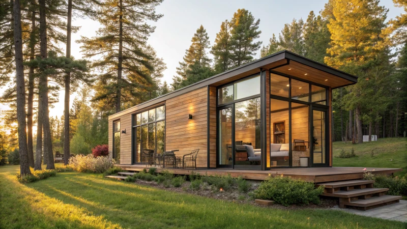 Cozy tiny home with large windows in a natural setting