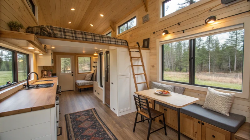 Interior view of a cozy tiny house with multifunctional furniture
