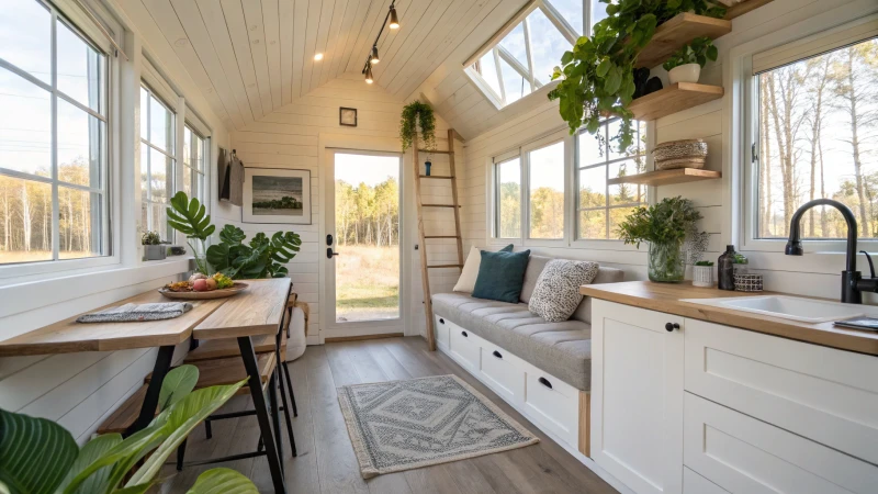 Interior of a cozy tiny house with multifunctional furniture