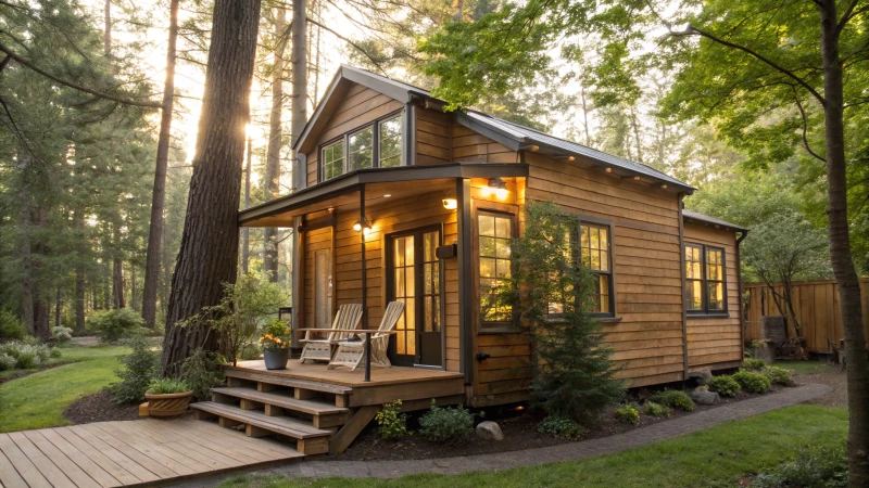 A cozy tiny house surrounded by trees and greenery