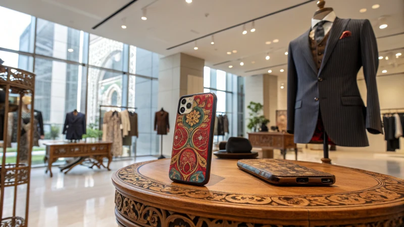 A bright showroom displaying a tailored suit, a personalized smartphone case, and a bespoke wooden table.