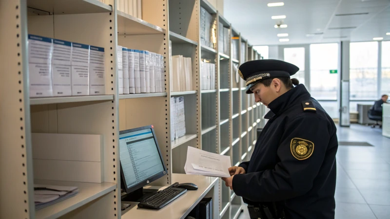 A customs officer reviewing shipment documents in a modern office.