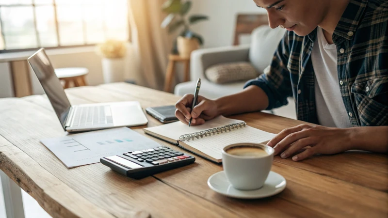 A person working on financial planning at a wooden desk