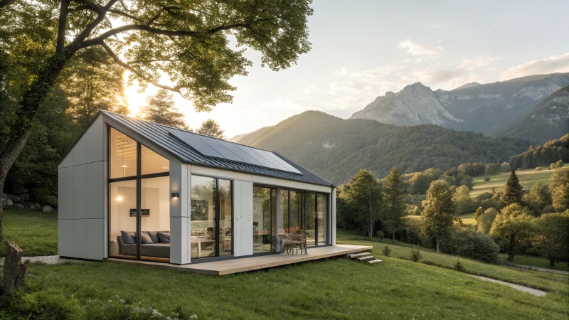 Futuristic tiny house designed by Tesla in a green landscape