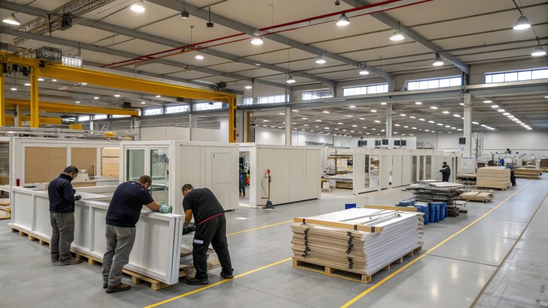Interior of a large factory with workers assembling building components