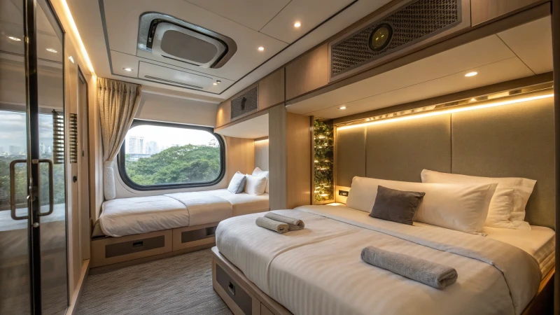 A modern capsule hotel room with plush bedding and ambient lighting.