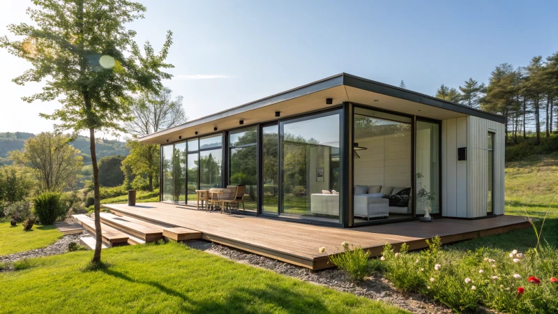 A modern portable home with glass windows in a natural setting