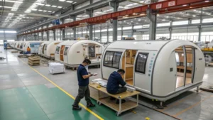 Workers assembling capsule homes in a bright factory