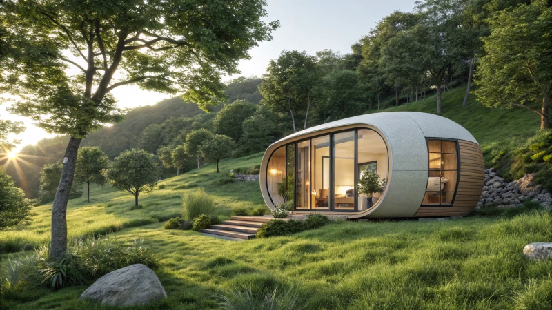 A modern capsule home surrounded by lush greenery.