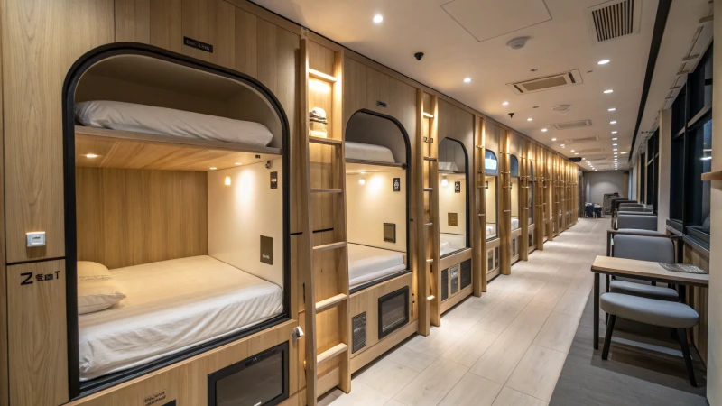Interior of a modern capsule hotel with sleeping pods