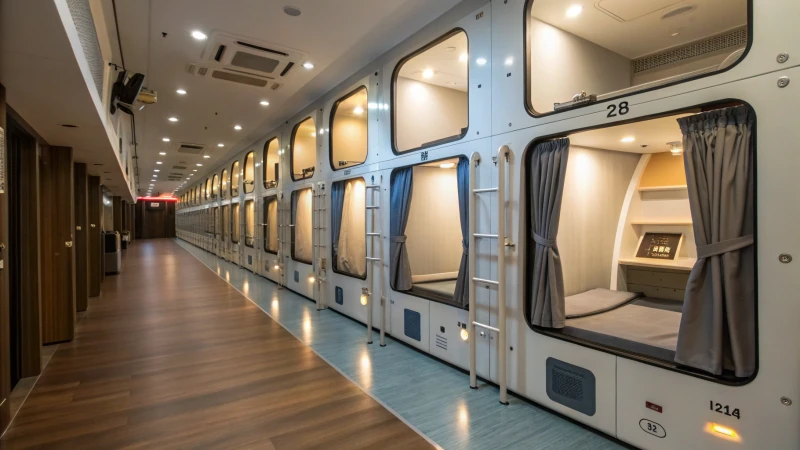 Interior of a modern capsule hotel with sleek sleeping pods