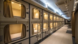 Interior view of a modern capsule hotel with sleeping pods
