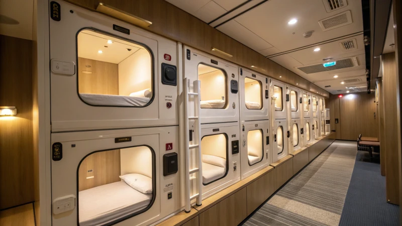 Interior of a modern capsule hotel with sleeping pods
