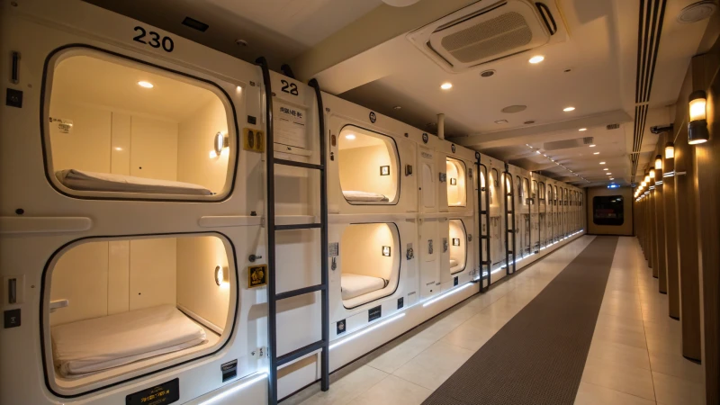 Interior view of a modern capsule hotel with sleeping pods