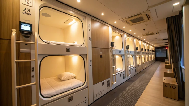 Interior of a modern capsule hotel with sleeping pods