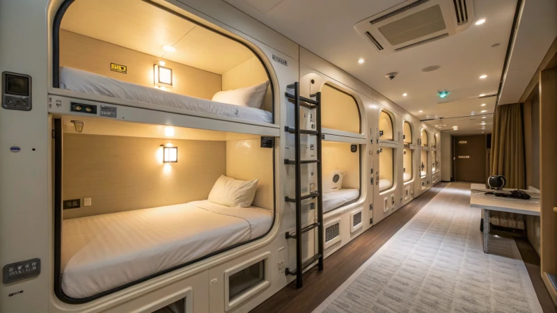 Interior view of a modern capsule hotel room with sleeping pods
