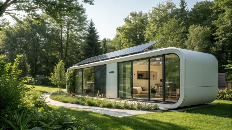 A modern capsule house surrounded by greenery
