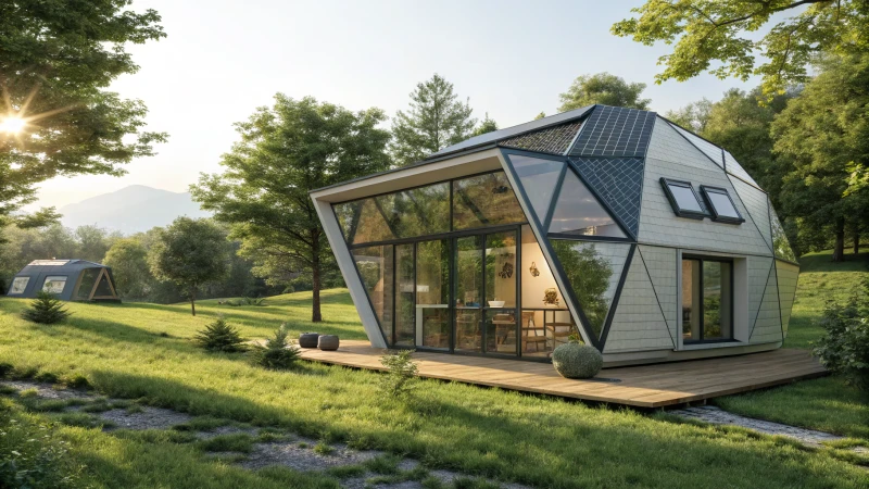 A modern capsule house with large windows in a green landscape