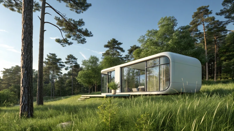 A modern capsule house surrounded by greenery