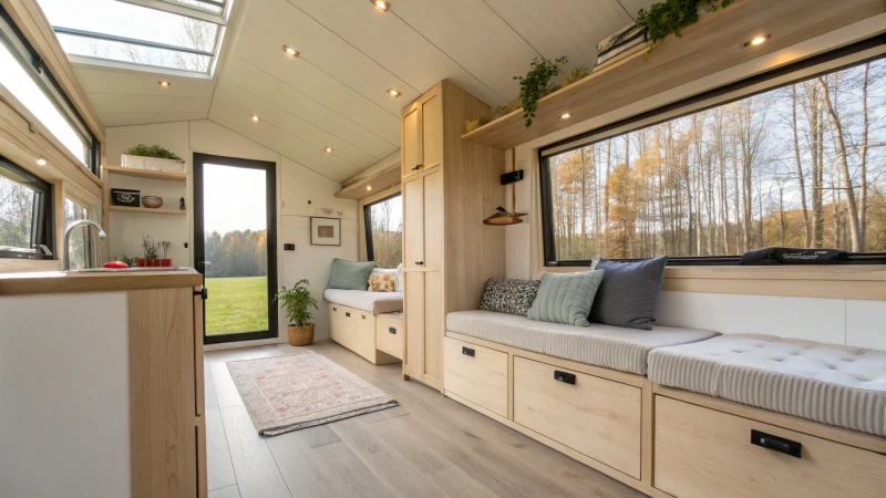 Interior of a modern capsule house with modular furniture and large windows