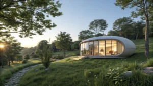 A modern capsule house in a green landscape