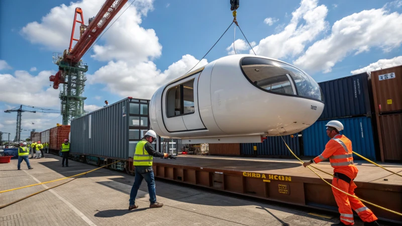 A capsule house being loaded onto a shipping container at a dock.