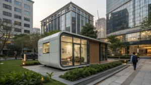 A modern capsule house with large glass windows in an urban environment.