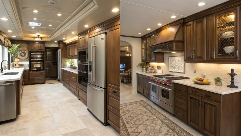 A comparison of a modern capsule kitchen and a traditional kitchen
