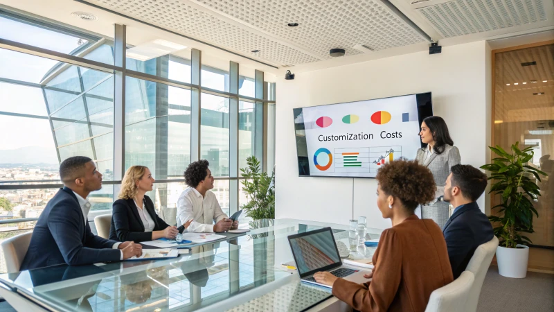 A modern conference room with diverse professionals discussing around a glass table.