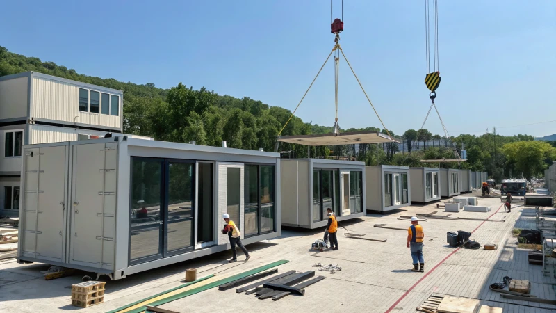 A busy modern construction site with workers assembling modular homes.
