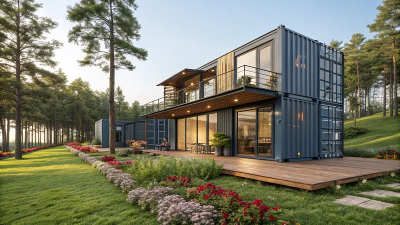 A modern container home in a lush landscape with greenery and flowers