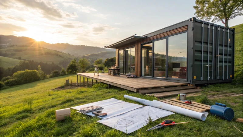 A modern shipping container home in a green setting with blueprints and tools.