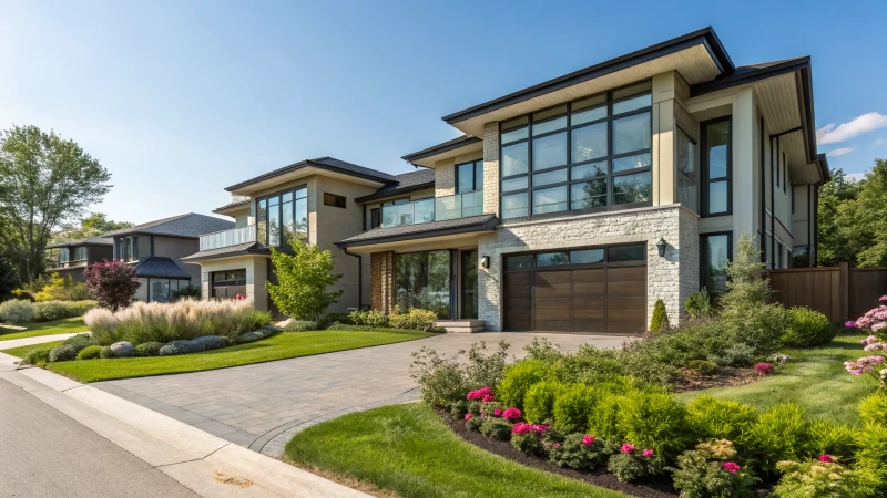 A modern duplex home with large glass windows in a suburban setting.