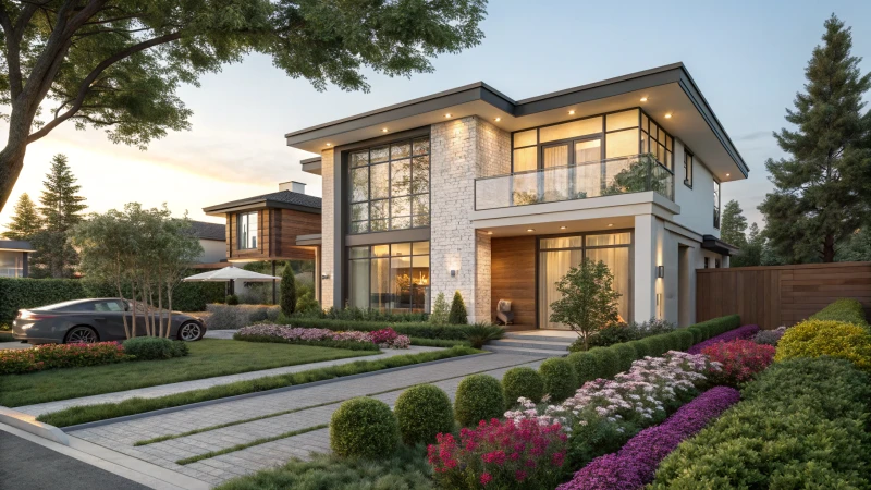 A modern duplex house in a suburban neighborhood with lush landscaping.